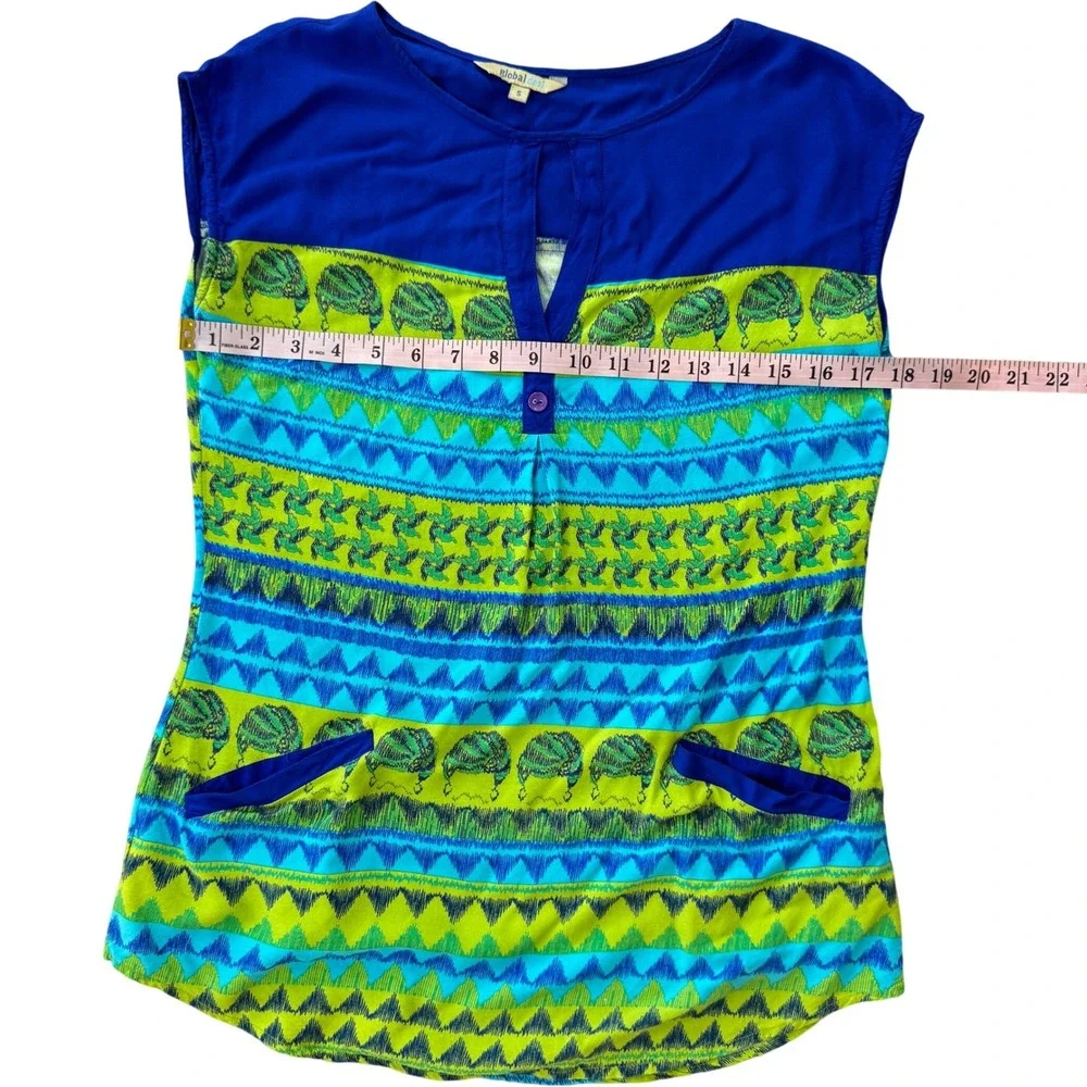 Global Desi Womens Blue Green Geometric Print Tunic‎ Top Cap Sleeve Size S